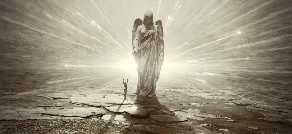 a black and white photo of a statue of an angel, a statue, by Kurt Roesch, surrealism, glowing god rays, andrey gordeev, she is approaching heaven, bronze statue and silver