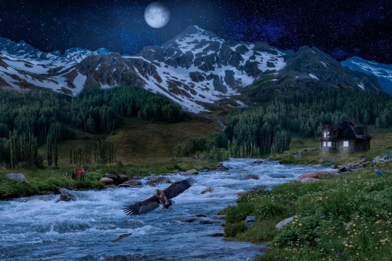 a river running through a lush green hillside under a full moon, a matte painting, inspired by Thomas Kinkade, magical realism, mt elbrus at night, blue hour photography, the see horse valley, high res