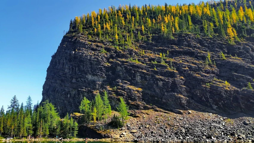 a mountain covered in lots of trees next to a body of water, by François Quesnel, flickr, shiny layered geological strata, banff national park, shades of yellow, !! very coherent!!