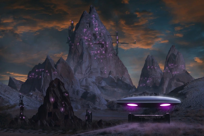 a futuristic flying saucer in the middle of a desert, a detailed matte painting, cg society contest winner, multiple purple halos, the orville, mining outpost, from a 2 0 1 9 sci fi 8 k movie