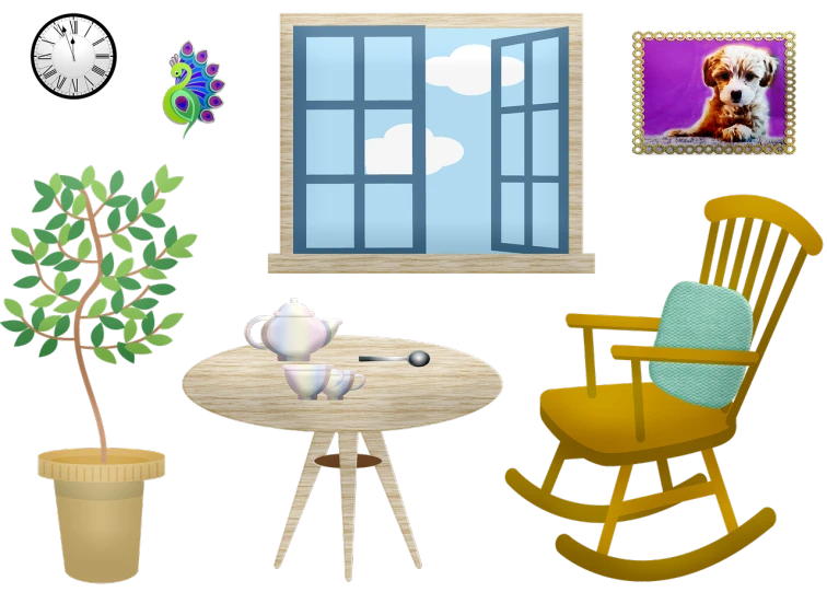 a room with a rocking chair, a table and a potted plant, inspired by Masamitsu Ōta, trending on pixabay, naive art, set of high quality hd sprites, digital collage, tea, child