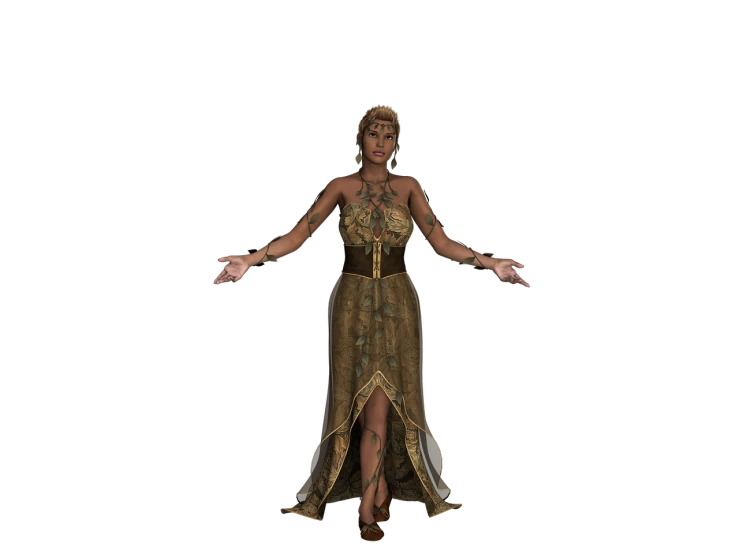 a woman in a gold dress on a black background, a raytraced image, trending on cg society, renaissance, kemetic symbolism, stands in center with open arms, elderly greek goddess, 3 d demo reel avatar