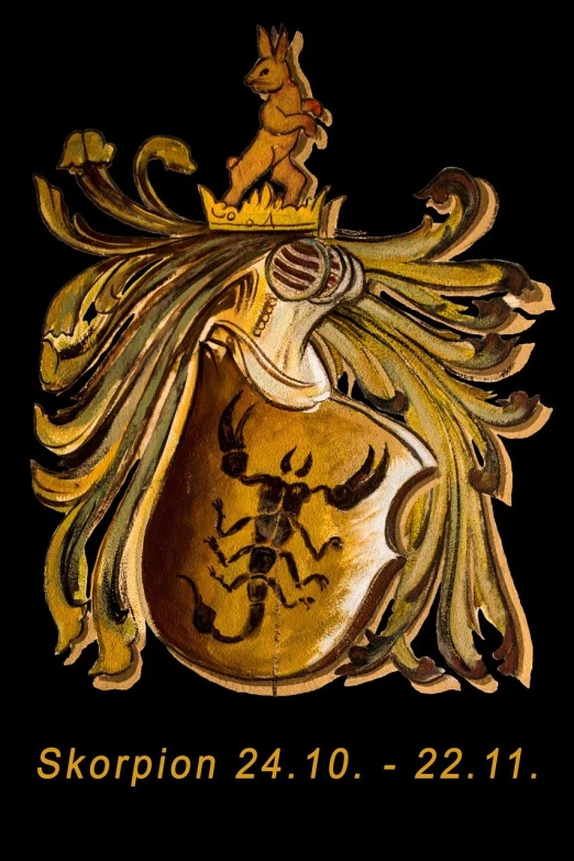 a painting of a shield with a scorpion on it, a portrait, flickr, baroque, studio shot, ocher details, on black background, museum quality photo