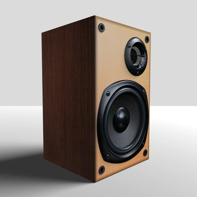 a pair of speakers sitting on top of a table, a computer rendering, pixabay, hyperrealism, wooden casing, on simple background, high detail product photo, cycles render 4k