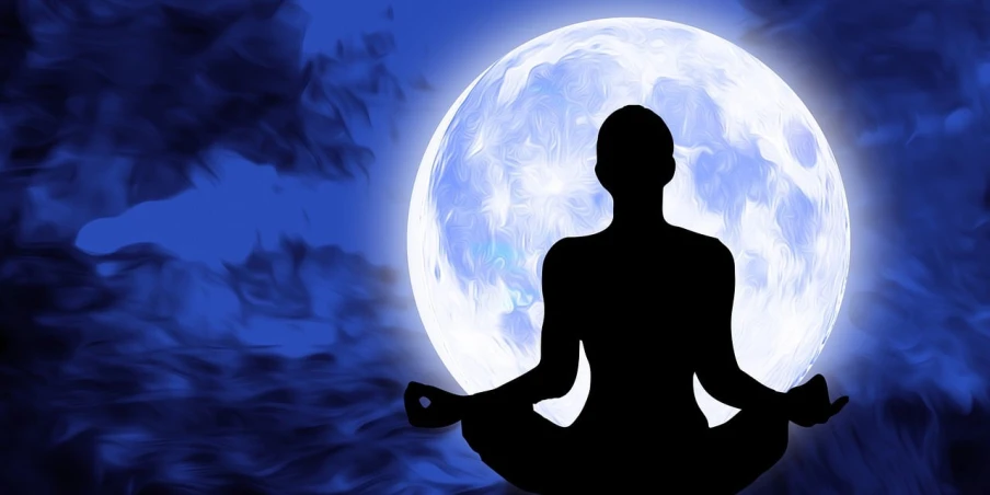 a person sitting in a lotus pose in front of a full moon, by Eva Gonzalès, pixabay, wikimedia commons, blue, shiva, black magic spells