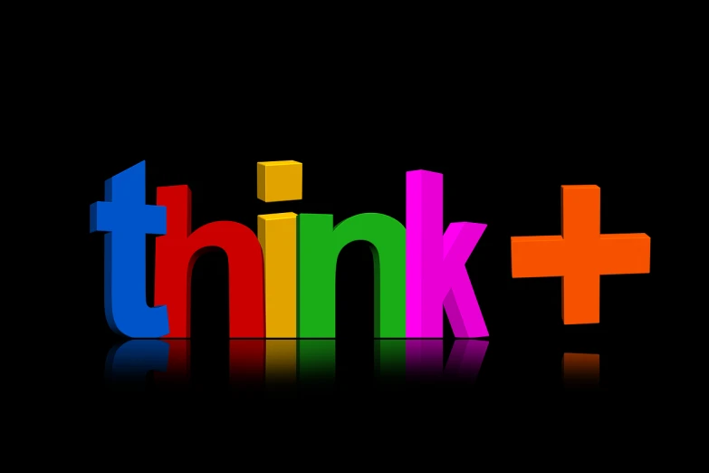 the word think written in multicolored letters on a black background, by Dennis Ashbaugh, trending on pixabay, precisionism, think in 3 d, solid colour background”, cartoonish and simplistic, the thinker