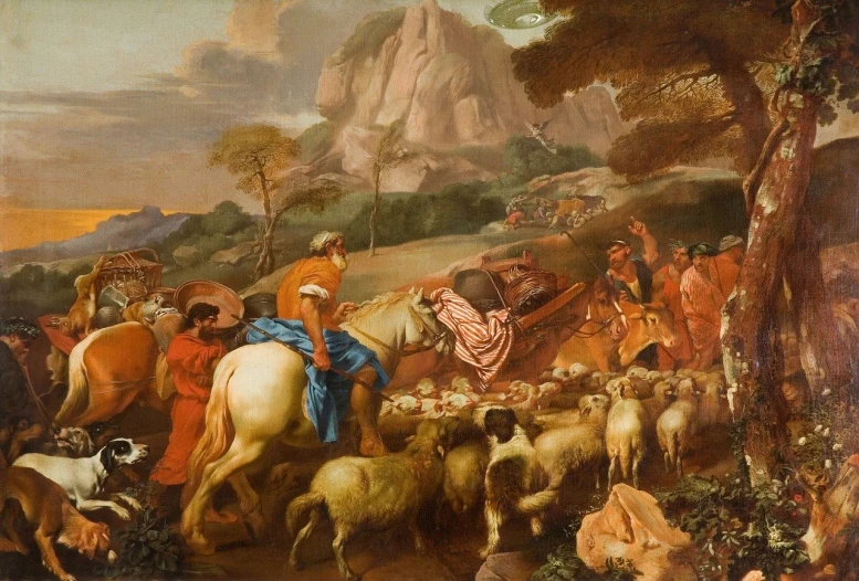 a painting of a man riding on the back of a horse next to a herd of sheep, a renaissance painting, shutterstock, maximus jacobs, fleeing merchants, 18th century oil painting, symetrical scene