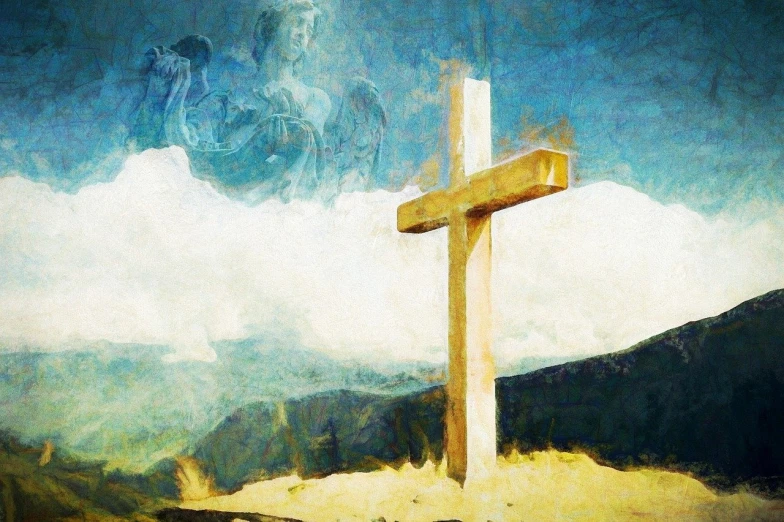 a painting of a cross on top of a hill, enhanced photo, posterized, biblical accurate angel, background image