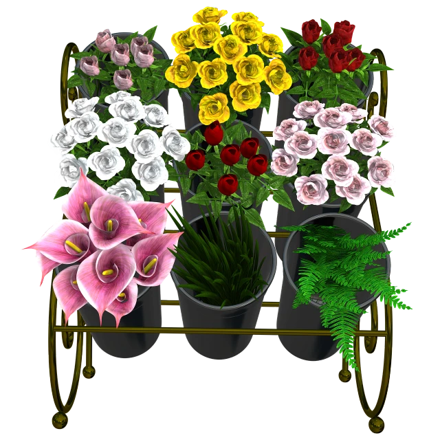a bunch of potted flowers sitting on top of a table, a digital rendering, by Susan Heidi, flickr, translucent roses ornate, cart, game asset, rack