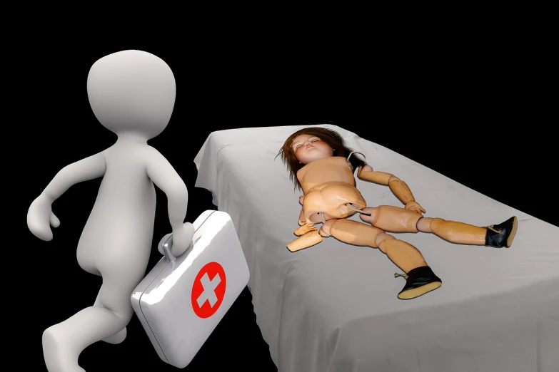 a person laying on a bed next to a dummy, a stock photo, pixabay, an alien robot naughty nurse, in suitcase, bjd, 3d-render