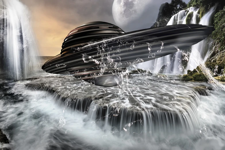 a boat floating on top of a river next to a waterfall, inspired by Johfra Bosschart, pixabay contest winner, surrealism, flying saucer, saturn, fractals!! water, alien planet covered in water