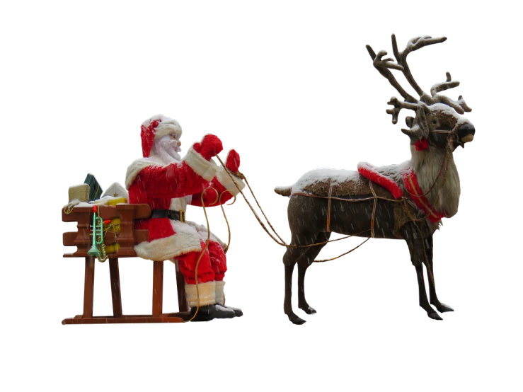 a santa clause sitting on a sleigh next to a reindeer, by Susan Heidi, shutterstock, folk art, on black background, set photo, circa 1940s, toy photo