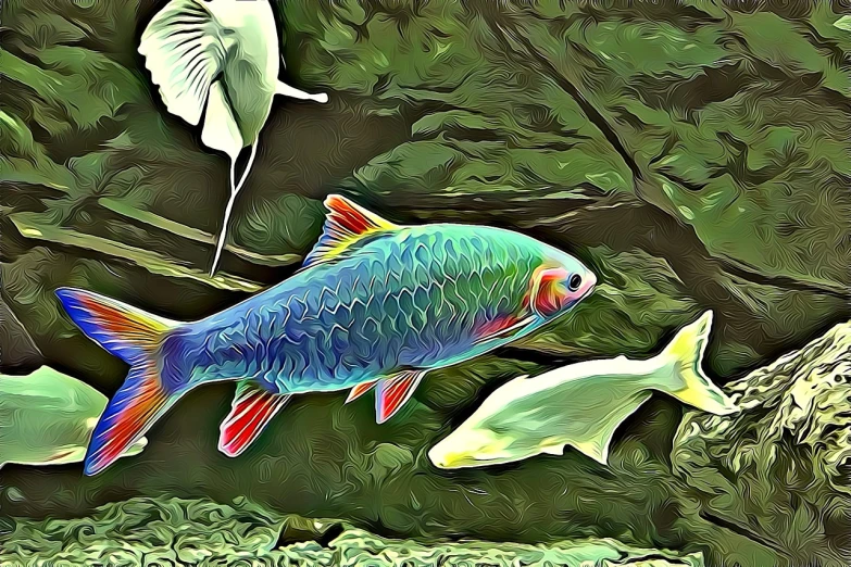 a digital painting of a fish and a bird, a digital painting, inspired by Koson Ohara, trending on pixabay, fish scales, colorful clear sharp focus, family photo, fishes swimming
