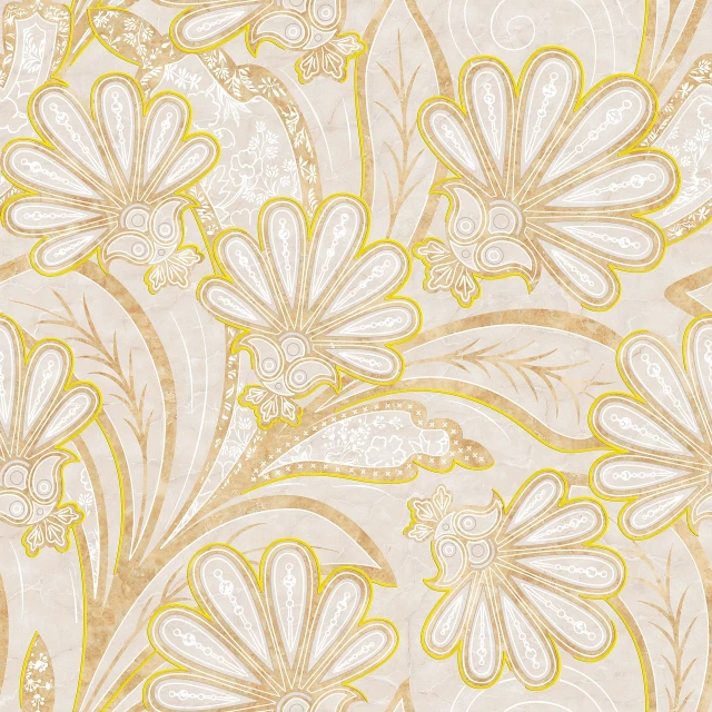 a pattern of yellow and white flowers on a beige background, inspired by Elizabeth Charleston, art nouveau, carved marble, fractal paisley inlay, karolina cummings, made with illustrator