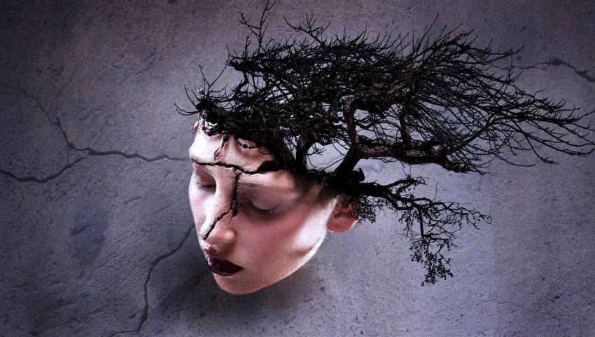 a woman with a tree growing out of her head, inspired by Igor Morski, thorns, hyperrealism”