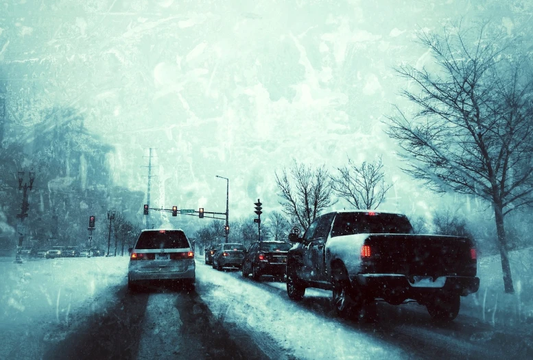 a couple of cars driving down a snow covered street, flickr, auto-destructive art, cold hues, traffic accident, snowstorm ::5, busy city