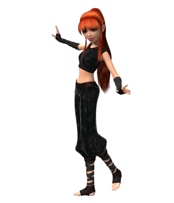 a woman in a black top and black pants, a digital rendering, inspired by Sakai Hōitsu, arabesque, (((mad))) elf princess, leeloo outfit, modeled in poser, young redhead girl in motion