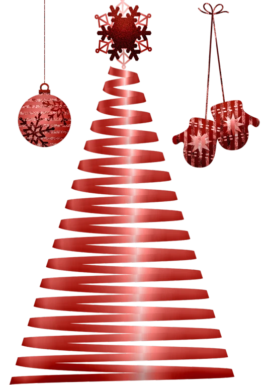 a red christmas tree with ornaments hanging from it, a digital rendering, the background is black, cyber copper spiral decorations, clipart, cone