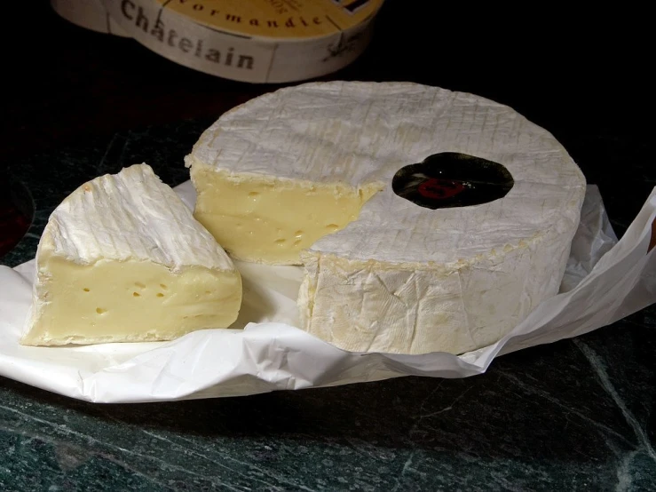 a piece of cheese sitting on top of a piece of paper, a portrait, flickr, pur champagne damery, from wikipedia, round-cropped, cut-away