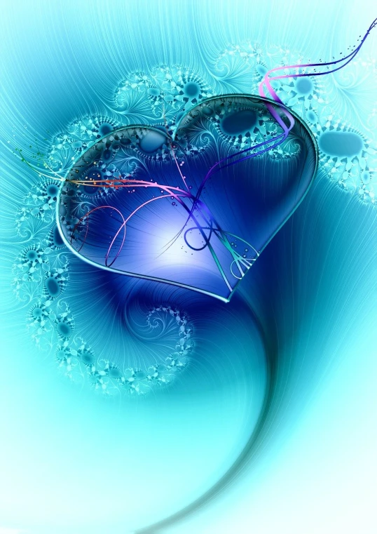 a close up of a heart on a blue background, by Benoit B. Mandelbrot, digital art, teal ethereal tendril wings, a beautiful artwork illustration, very cute, jewel