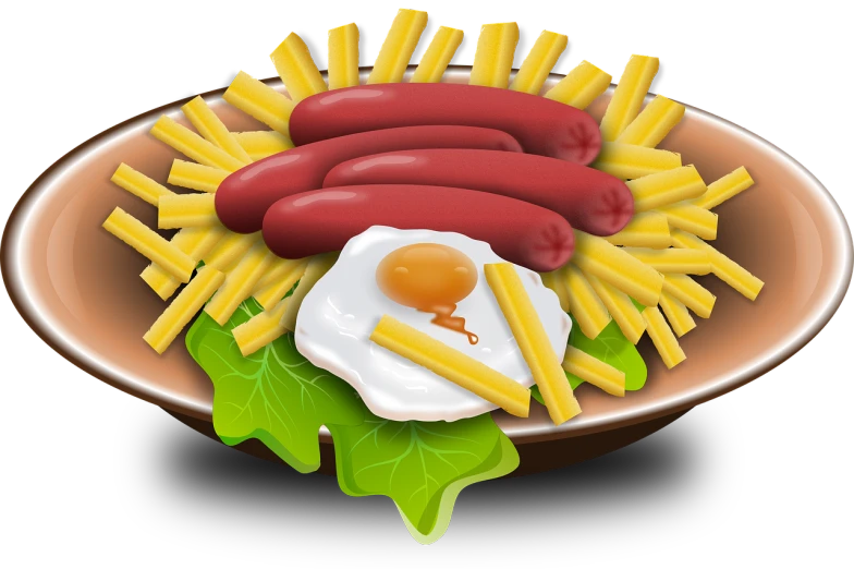 a plate topped with french fries and a fried egg, an illustration of, rasquache, sausage hair, 3 d close - up, salad, lowres