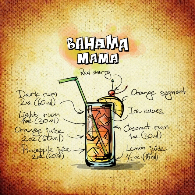 a drawing of a drink in a tall glass, concept art, by Edna Mann, dada, bahamas, recipe, bar background, miami. illustration