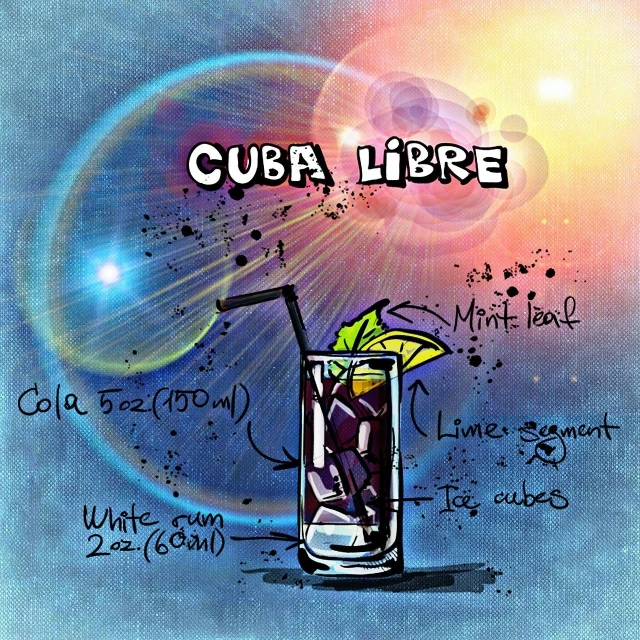 a drawing of a drink in a tall glass, an illustration of, by Federico Uribe, figuration libre, cuba, with full descriptions, galaxy, miami. illustration