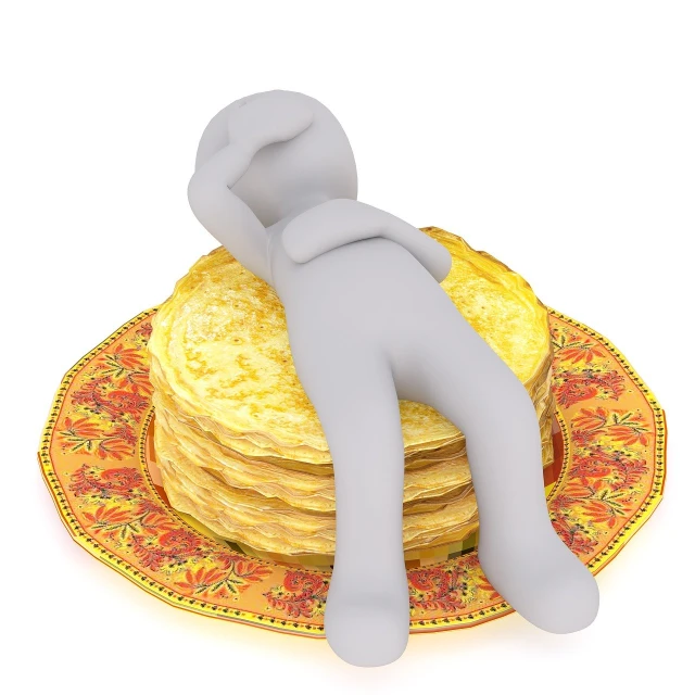 a person laying on top of a stack of pancakes, a digital rendering, figuration libre, 3 d model, very sad, gold plated, set photo