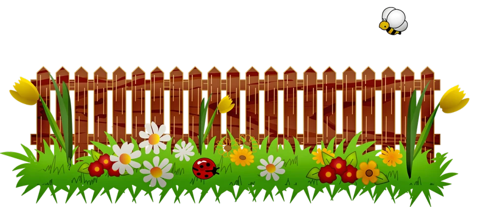a garden with a fence, flowers and a bee, black flat background, wooden, grassy, background image