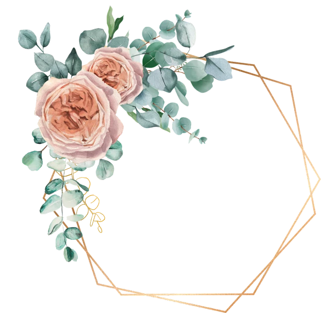 a floral frame with pink roses and eucalyptus leaves, a digital rendering, by artist, shutterstock, geometric polygons, cyber copper spiral decorations, on black background, clipart
