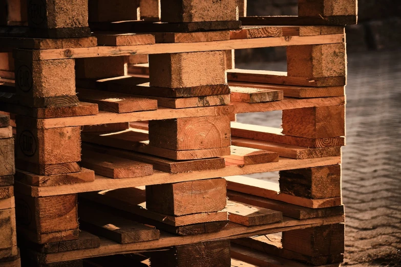 a stack of wooden pallets stacked on top of each other, a picture, by Thomas Häfner, renaissance, afternoon sunlight, squares, difraction from back light, red bricks