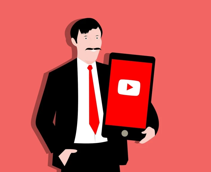 a man in a suit holding a tablet computer, a picture, trending on pixabay, art nouveau, youtube logo, he is holding a smartphone, with mustache, red theme