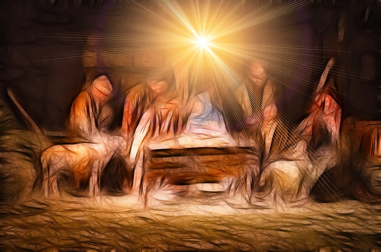 a group of people sitting around a baby jesus in a manger, a digital painting, digital art, enhanced light effect, intensely focused, viewed from the side, ai assisted digital painting