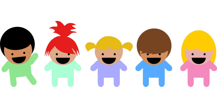 a group of children standing next to each other, pixabay, digital art, on a flat color black background, cute teeth, childrens toy, different hair colours