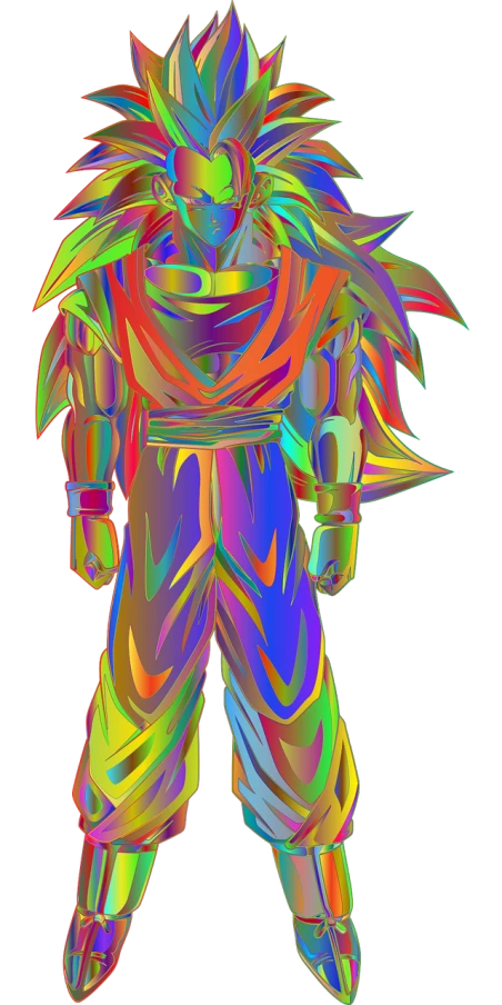 a drawing of a goku from dragon ball, a raytraced image, digital art, rainbow gradient reflection, clothed in cyber armour, twisted god with no face, vectorized