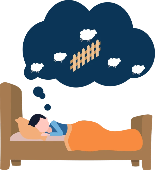 a man laying in bed with a thought bubble above his head, an illustration of, inspired by Shūbun Tenshō, pixabay, cloudy night, worksafe. illustration, a wooden, loots of clouds