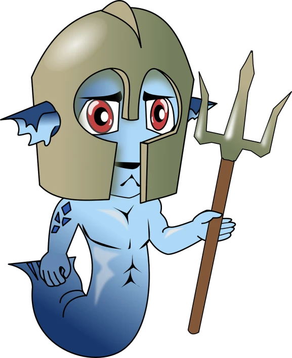 a cartoon character wearing a helmet and holding a spear, inspired by Pinchus Kremegne, deviantart, deep sea horror, pale blue skin, aquarius, gargoyle