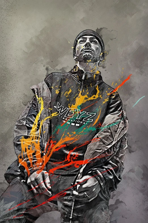 a painting of a man holding a skateboard, vector art, inspired by Sam Spratt, shock art, chappie in an adidas track suit, dripping colors, sitting down, detailed abstract