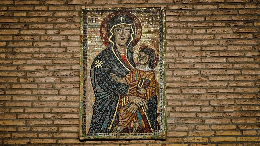 a mosaic of a mother and child on a brick wall, inspired by Taddeo Gaddi, cloisonnism, shot on sony alpha dslr-a300, religión, reliquary, pixel art”