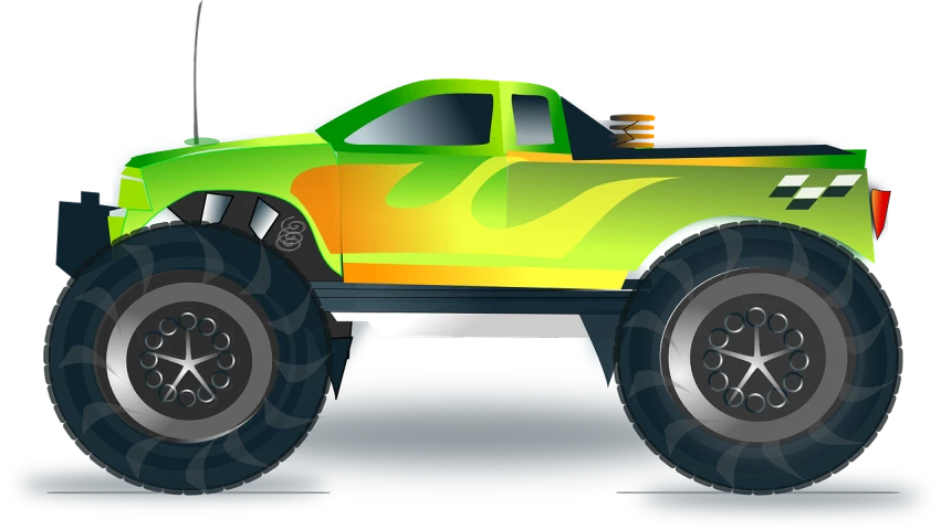 a green monster truck with flames on it, pixabay, digital art, chartreuse and orange and cyan, full view of a sport car, cartoonish and simplistic, close-up!!!!!!