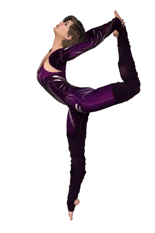 a woman in a purple leoper leoper leoper leoper leoper leoper leoper leoper leoper leoper leoper leo, a digital rendering, inspired by Elizabeth Polunin, arabesque, lycra costume, yoga pose, phoenix-inspired, airbrush render