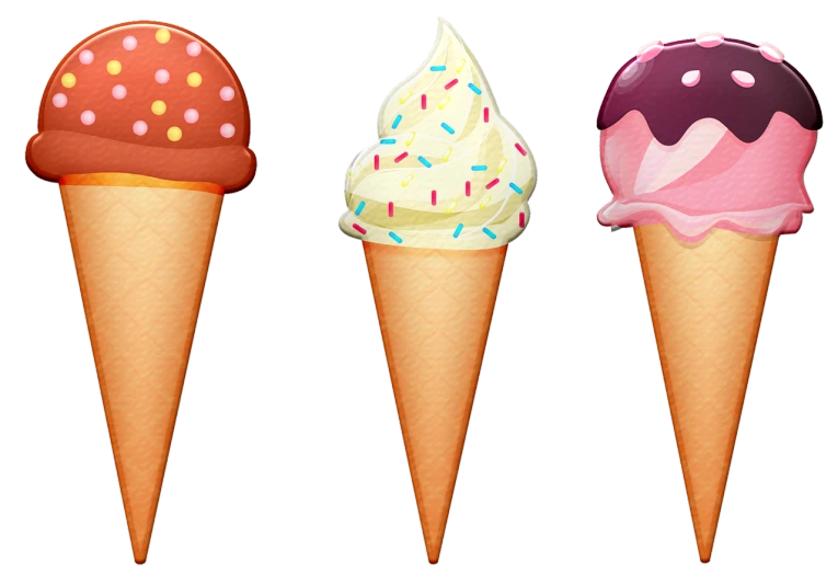 three ice cream cones with sprinkles on them, a digital rendering, shutterstock, dark. no text, background image, emoji, 3 4 5 3 1