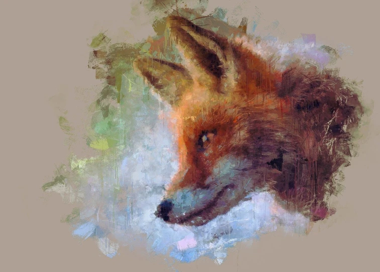 a close up of a painting of a fox, a digital painting, fine art, mixed media style illustration, oil-painting, blurred and dreamy illustration, grungy; oil on canvas