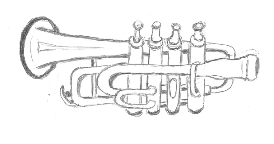a black and white drawing of a trumpet, inspired by Georg Schrimpf, tumblr contest winner, detailed -4, transparent, zoomed in, weapon design