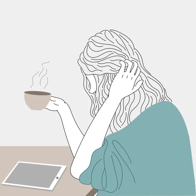 a woman sitting at a table with a cup of coffee, an illustration of, realism, hands in her hair. side-view, using a magical tablet, illustration line art style, normal place with weird feeling