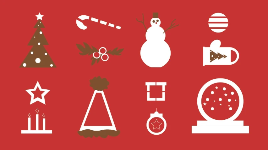 a set of christmas icons on a red background, inspired by Ernest William Christmas, trending on pixabay, symbolism, red brown and white color scheme, left, spare parts, 4k high res