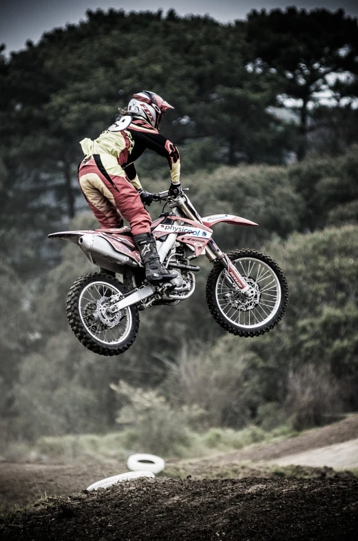 a man flying through the air while riding a dirt bike, by Lee Loughridge, flickr, red and white, shot on sony alpha dslr-a300, mechanic, details