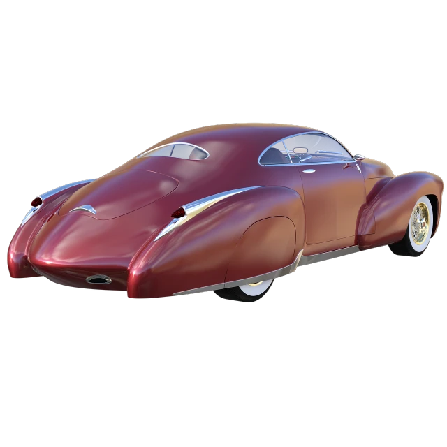 a close up of a red car on a black background, a 3D render, by Derek Hill, retrofuturism, centered full body rear-shot, streamline moderne, stained antique copper car paint, view from the side”