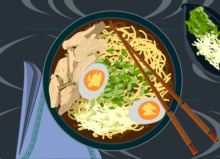 a bowl of noodles and chopsticks on a table, an illustration of, inspired by Shunbaisai Hokuei, anime style hyper detailed, chicken, wikihow illustration