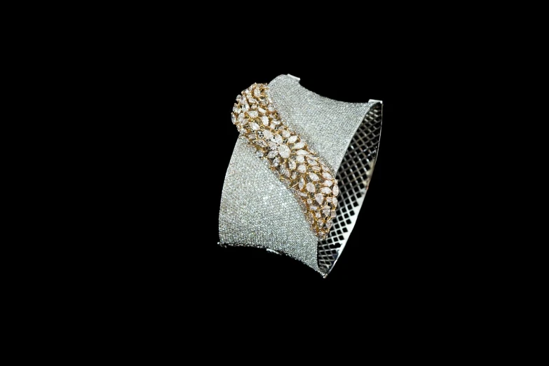 a close up of a bracelet on a black background, inspired by Samuel Silva, glamorous, high detail product photo, showpiece, glittery